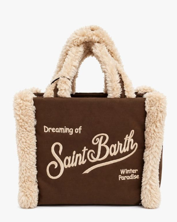borsa da donna in suede marrone con pelliccia shearling beige di mc2 saint barth modello vanity mini