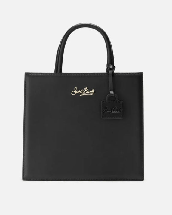borsa da donna mini vanity di mc2 saint barth in pelle nera con scritta oro