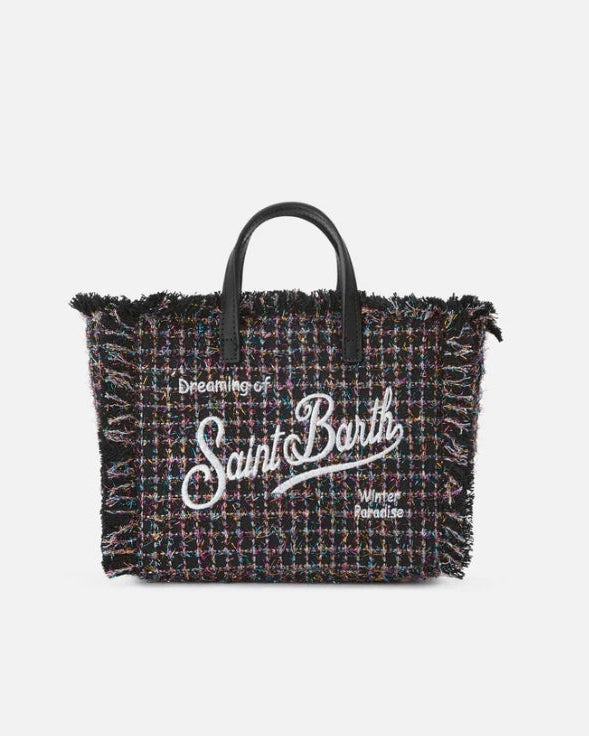 borsa mini vanity da donna in tweed nero con lurex multicolor, ricamo saint barth bianco 