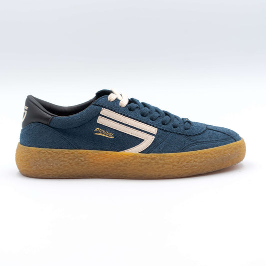 Sneakers puraai da uomo modello vintage realizzata in suede vegano blu con inserti bianchi e suola in gomma - visuale laterale