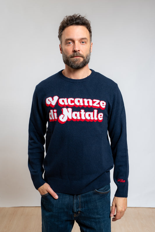 mc2 saint barth maglione heron vacanze logo blu con scritta sul petto, vista frontale