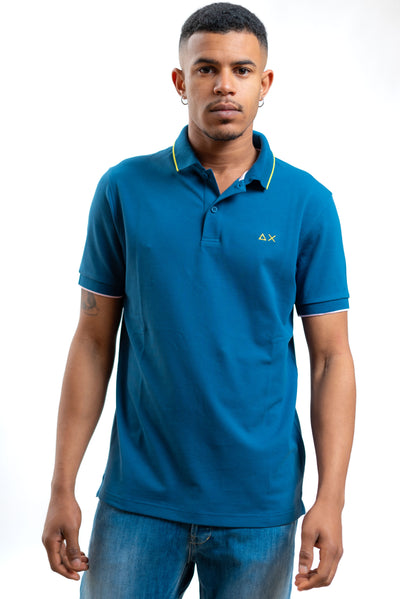 Sun68 uomo polo avio scuro in piquet con righe a contrasto e logo, fronte