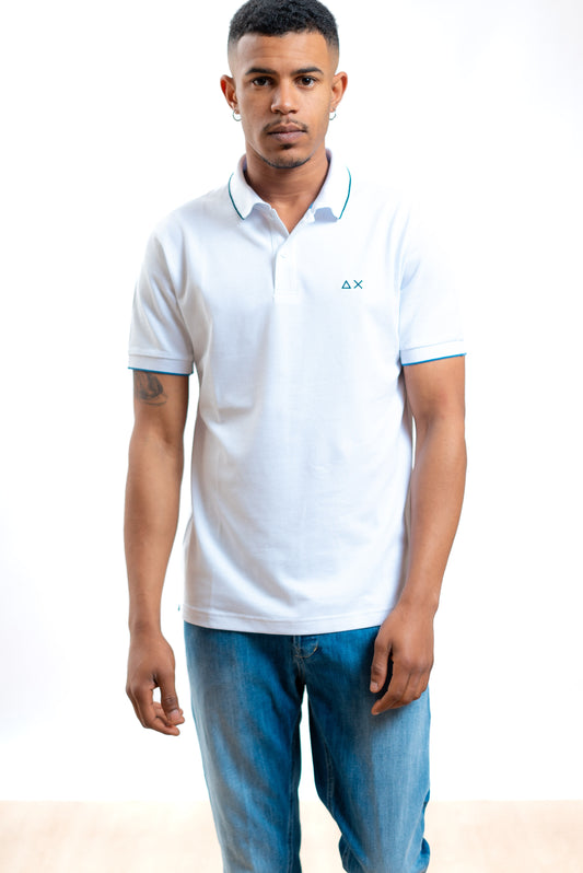 Sun68 uomo polo bianca in piquet con righe a contrasto e logo, fronte