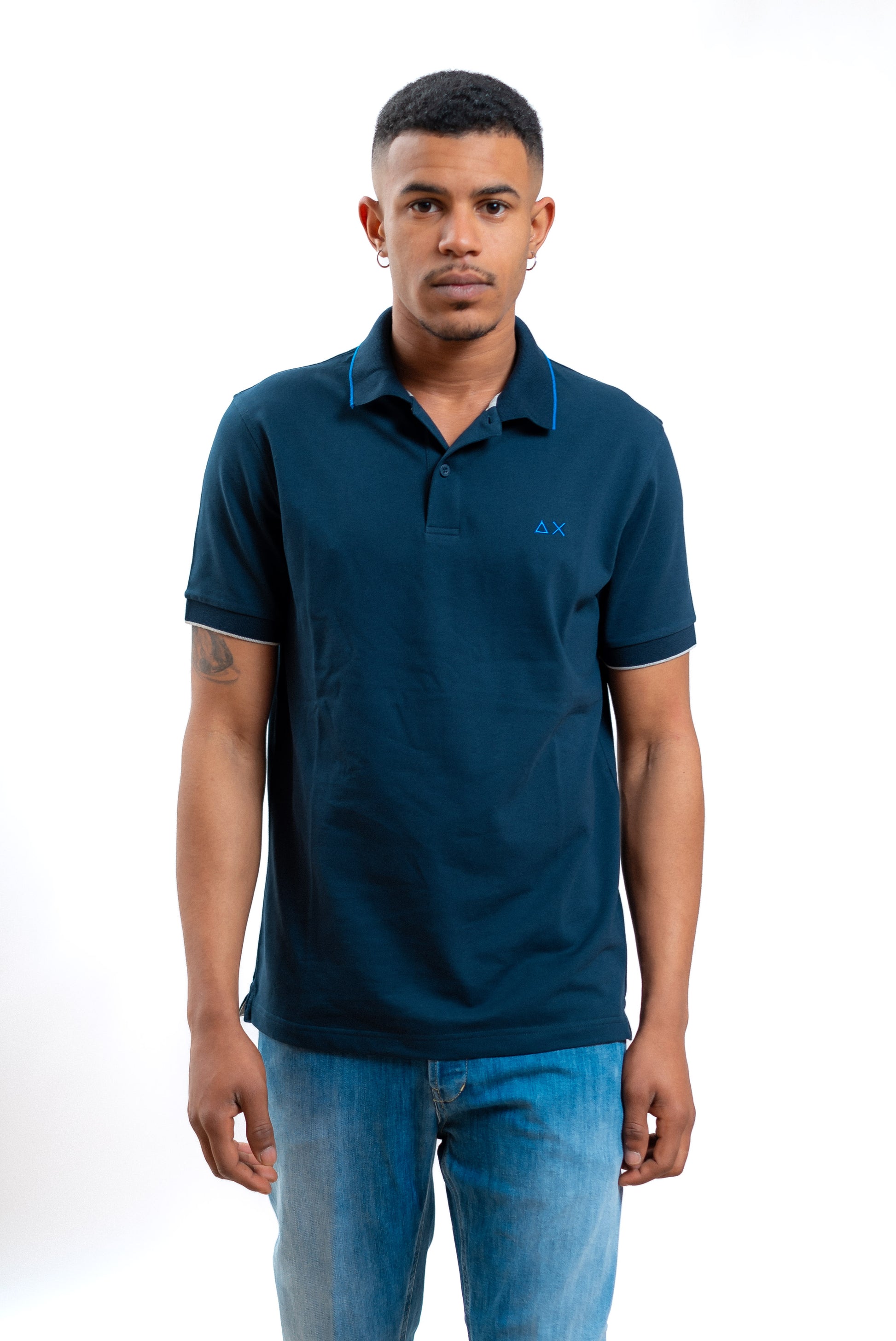 Sun68 uomo polo blu in piquet con righe a contrasto e logo, fronte