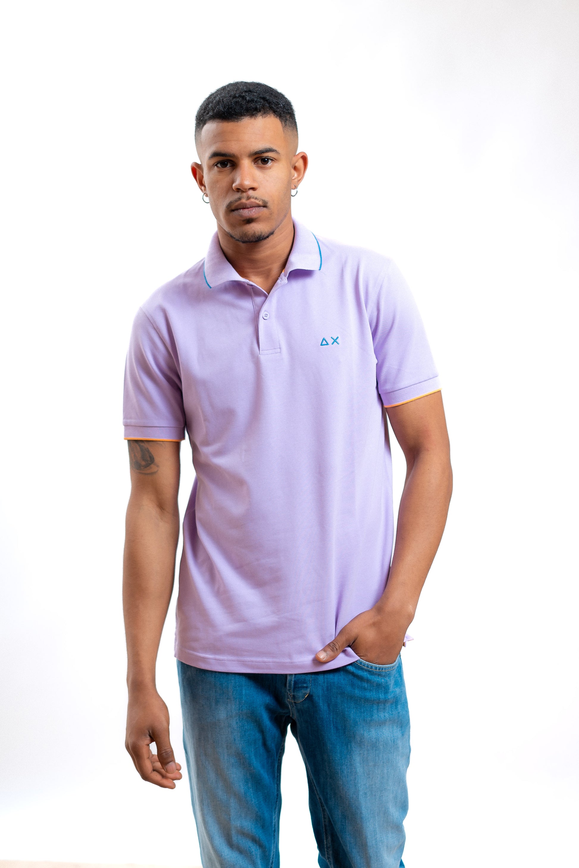 Sun68 uomo polo lilla in piquet con righe a contrasto e logo, fronte