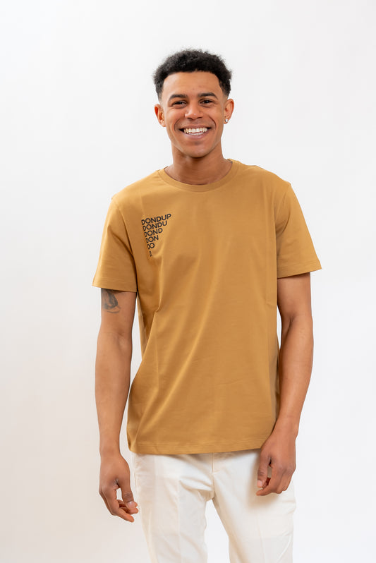 Dondup uomo t-shirt in jersey di cotone marrone con logo stampato in nero sul petto, fronte