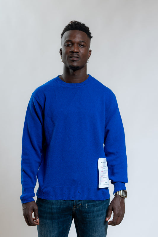 Amaranto Maglia a Girocollo blu elettrico In Lana e Cashmere con Rotture, fronte