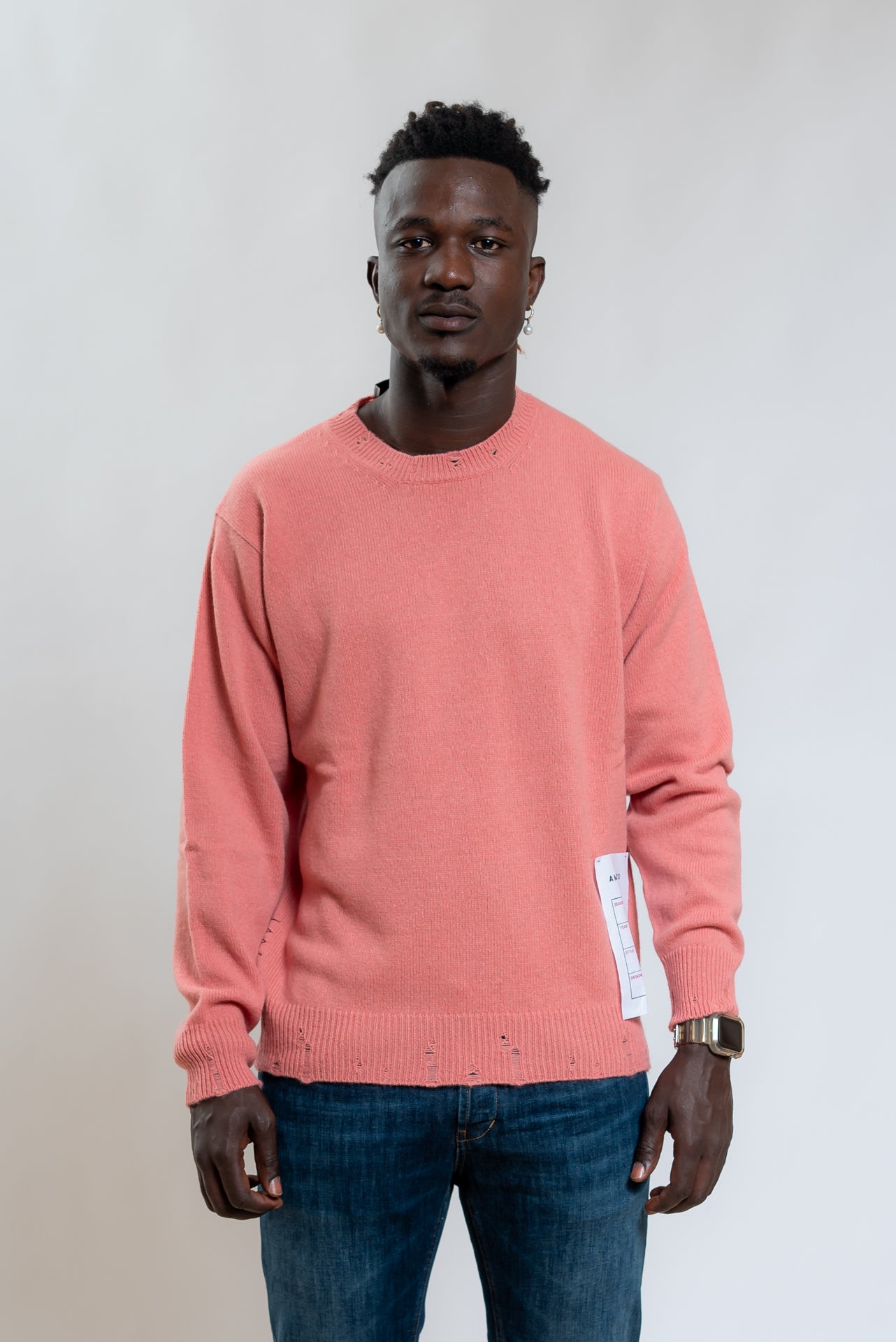 Amaranto Maglia a Girocollo rosa In Lana e Cashmere con Rotture, fronte