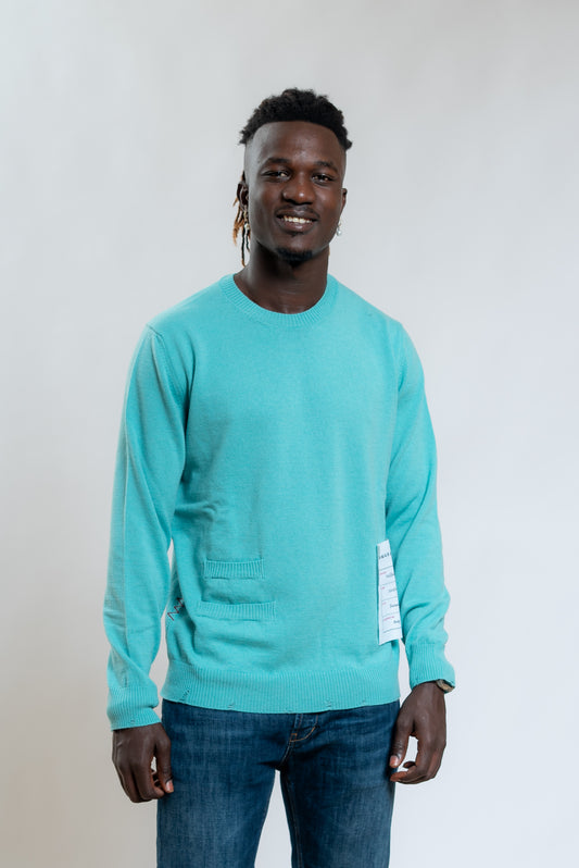 Amaranto Maglia a Girocollo Verde Acqua In Lana Con Taschini e Rotture, fronte