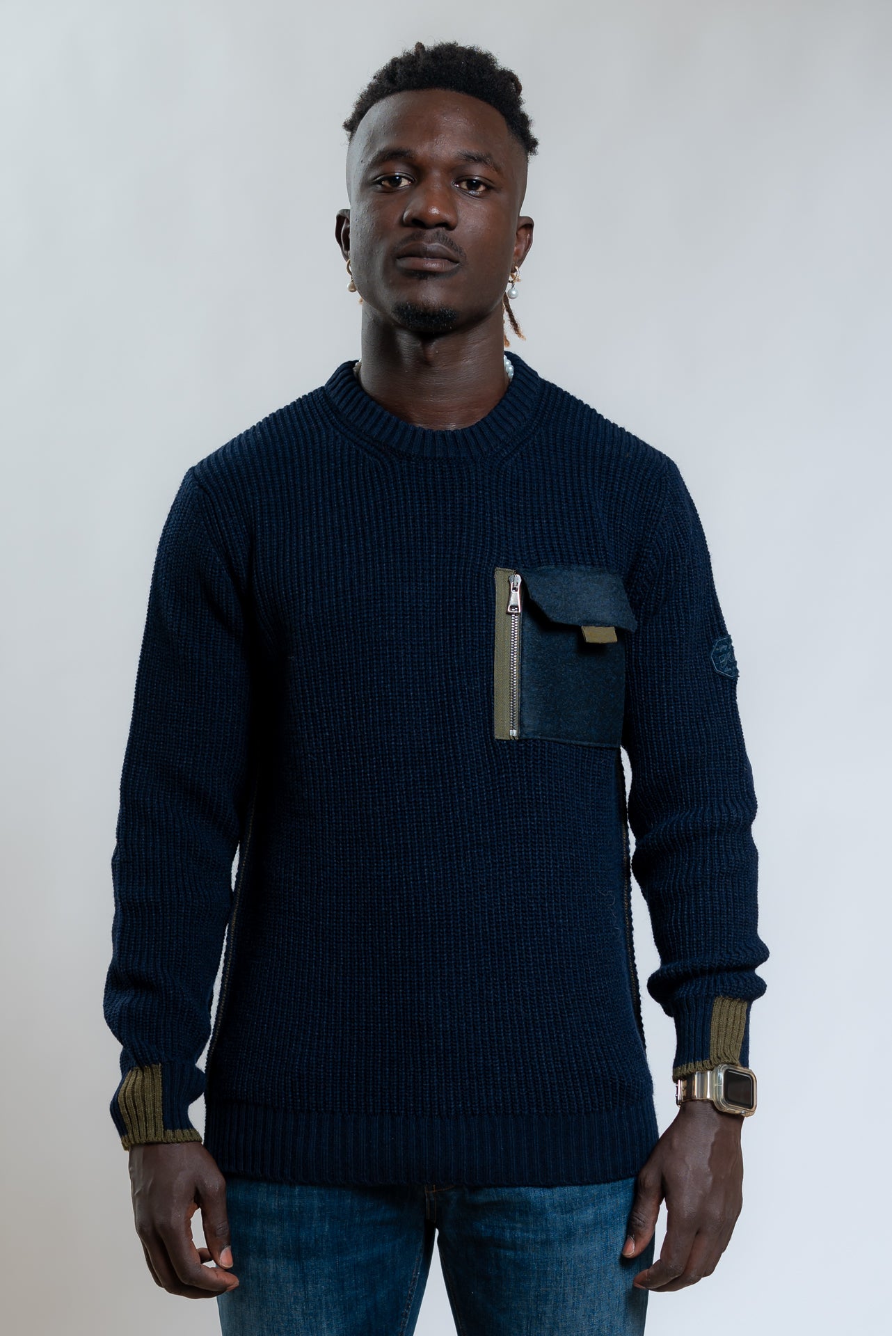 Bob Company Maglione Brandon Blu in Misto Lana a Coste con Taschino, fronte