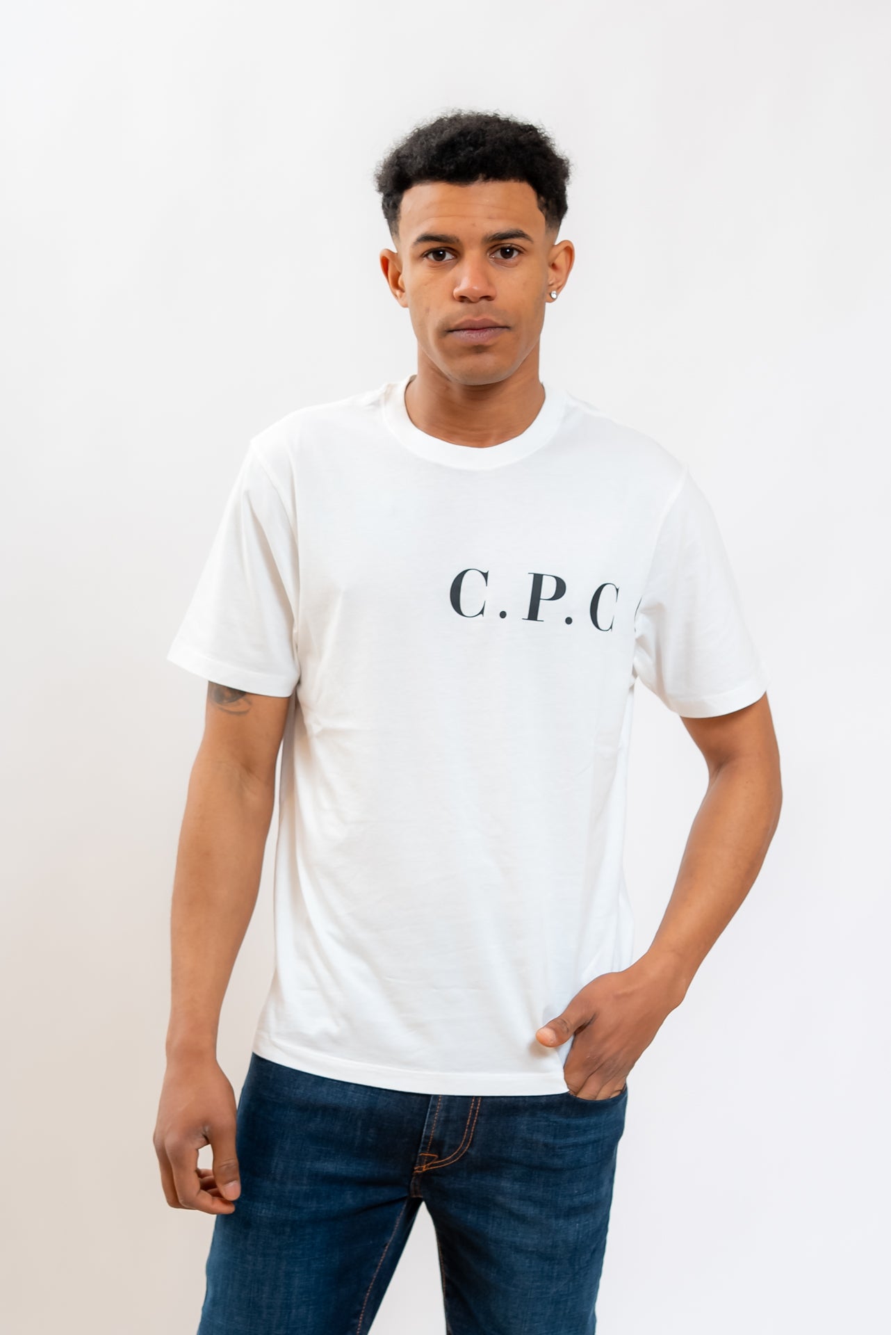CP Company uomo T-shirt Bianca in Cotone 30/1 con Logo sul davanti e sul retro, fronte