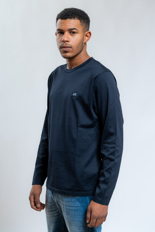 Cp company T-shirt a girocollo in jersey di cotone blu, lato