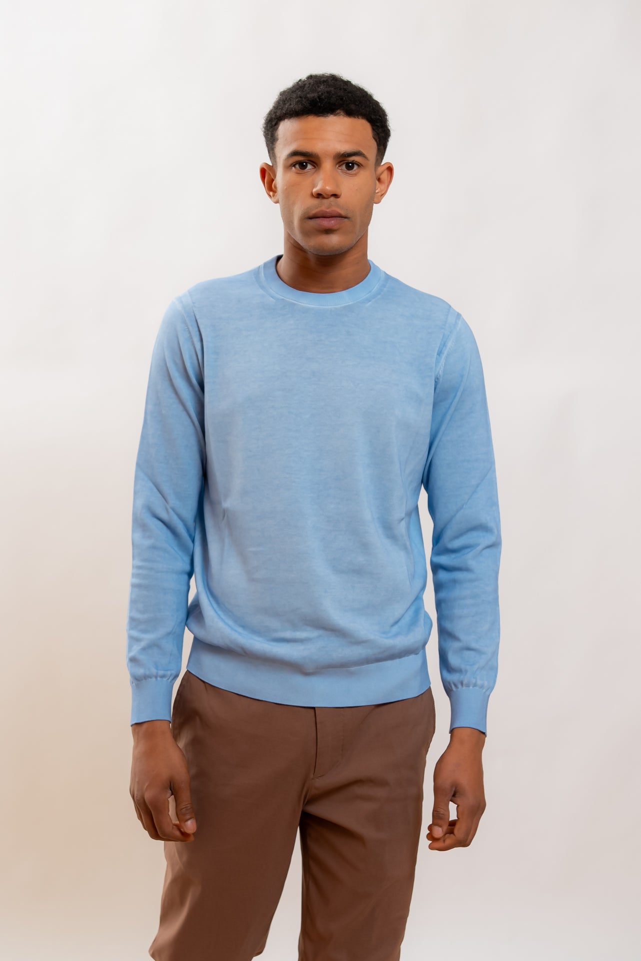 Kangra Cashmere Maglia In Filo di Cotone Celeste a Maniche Lunghe, fronte