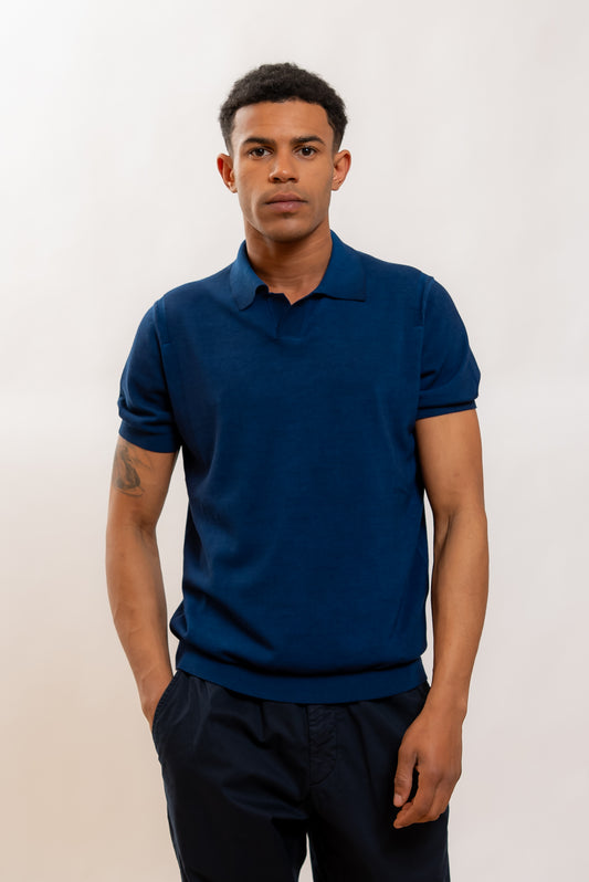 Kangra Cashmere Polo Vintage in Filo di Cotone Blu, fronte