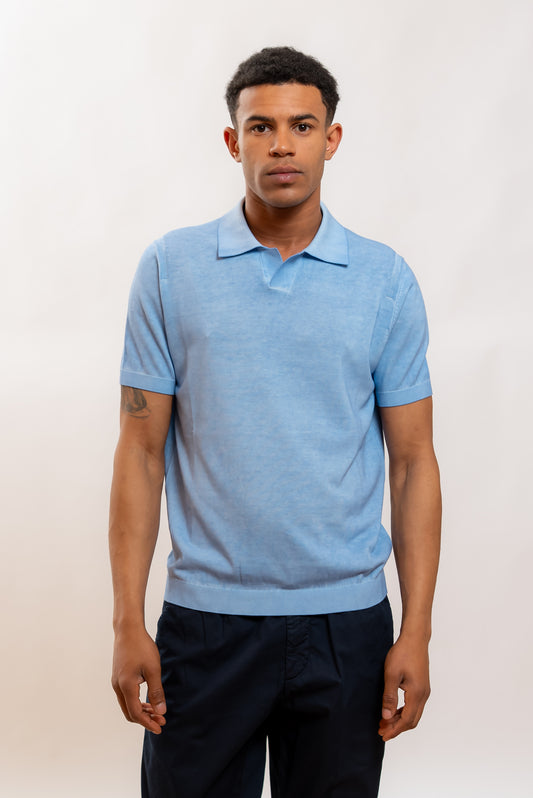 Kangra Cashmere Polo Vintage in Filo di Cotone Celeste, fronte