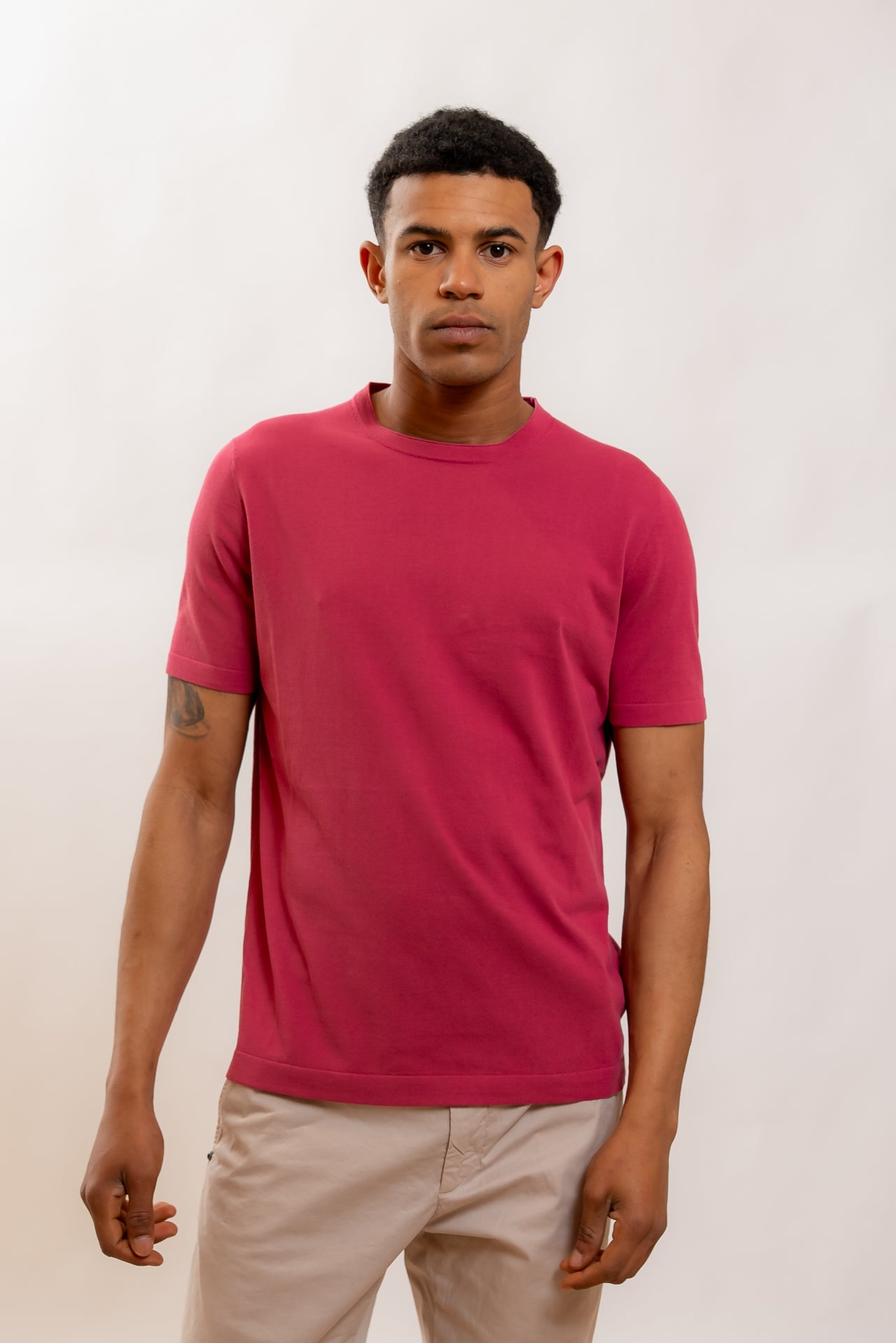 Kangra Cashmere Maglia a Maniche Corte Fucsia in Filo di Cotone, fronte