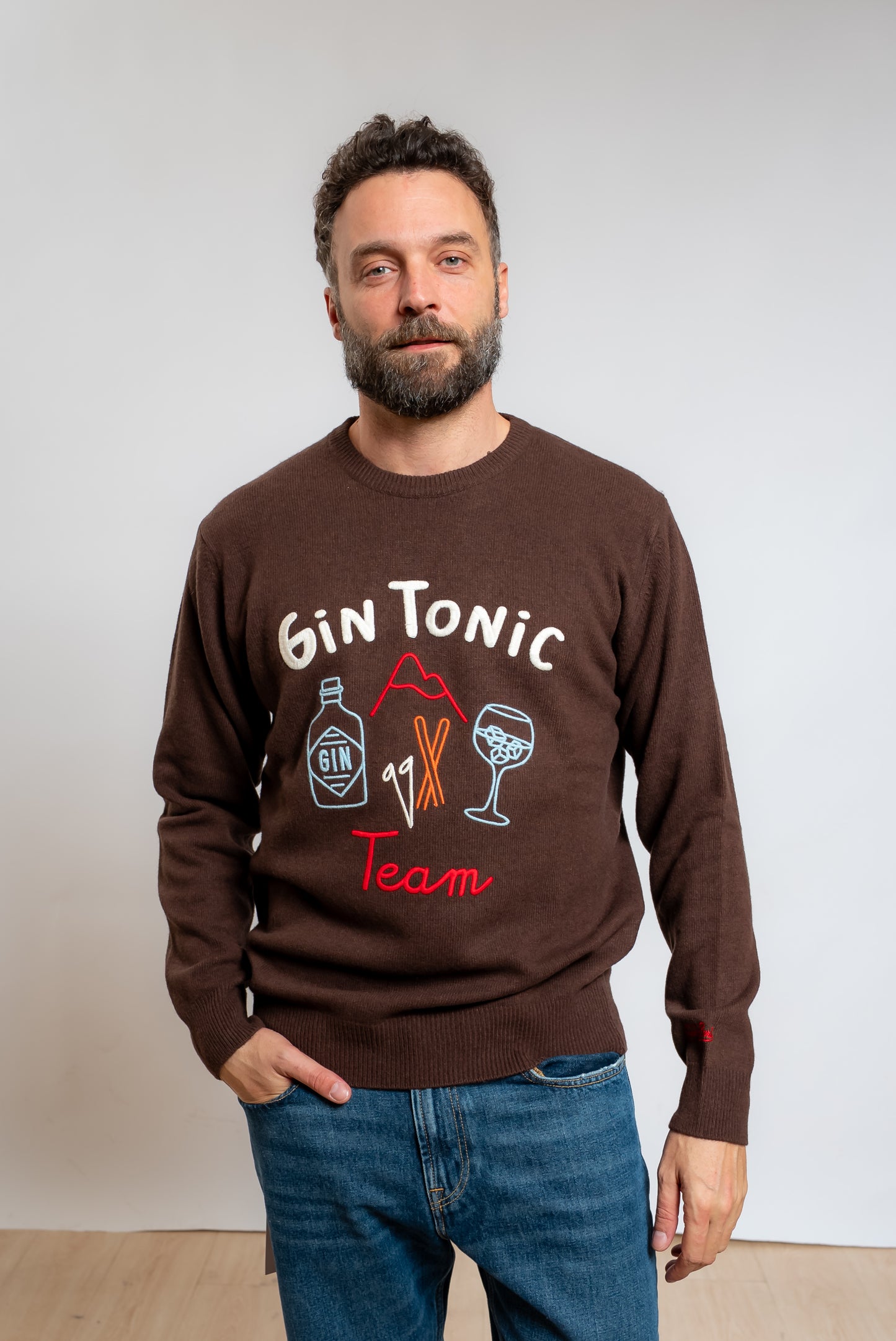 mc2 saint barth maglione heron gin tonic line marrone in misto lana, vista frontale