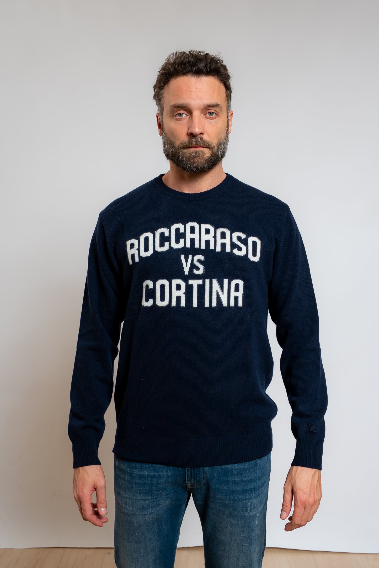 mc2 saint barth uomo maglione blu con scritta Roccaraso VS Cortina in misto lana, vista frontale