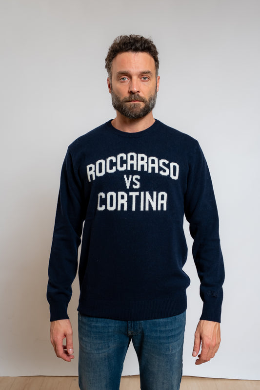 mc2 saint barth uomo maglione blu con scritta Roccaraso VS Cortina in misto lana, vista frontale