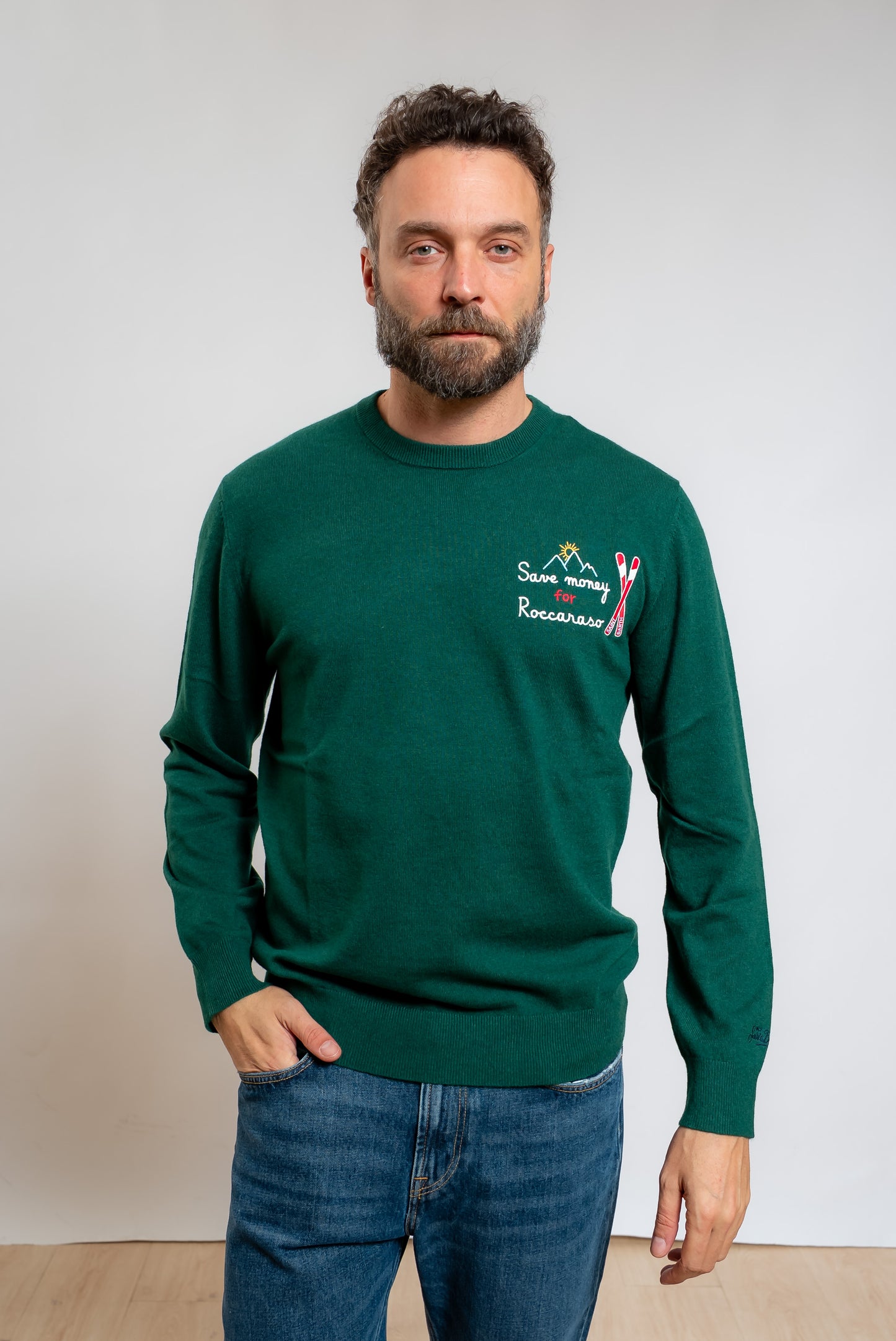 mc2 saint barth uomo maglione Heron Light verde con scritta save money for roccaraso, vista frontale