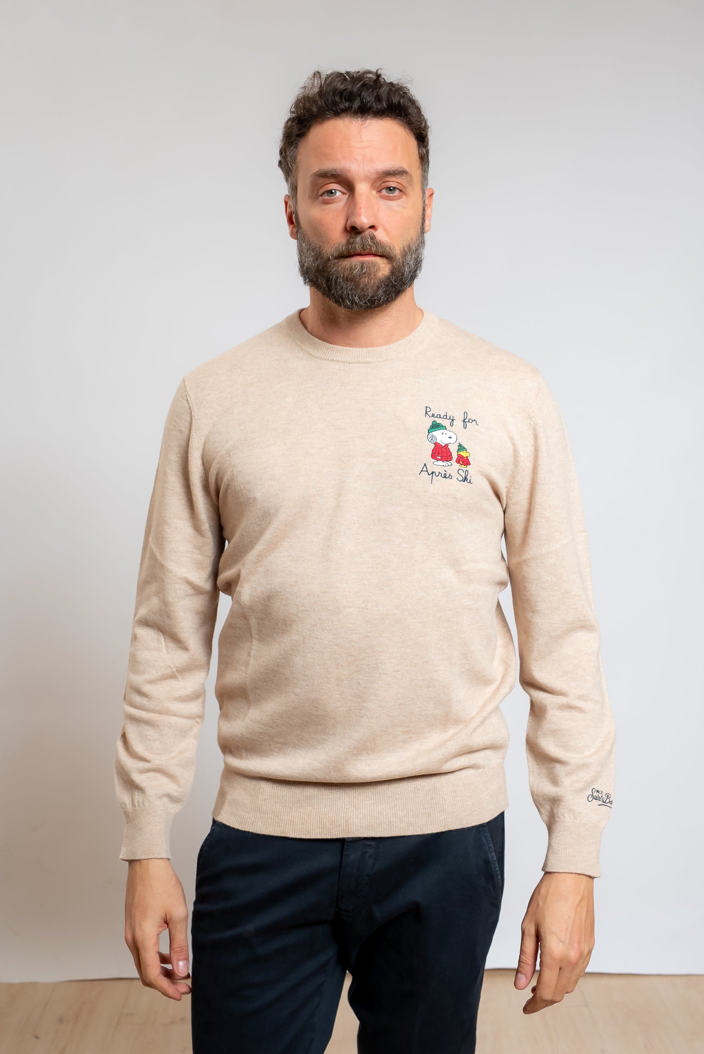 mc2 saint barth uomo maglione snoopy ready apres beige, vista frontale