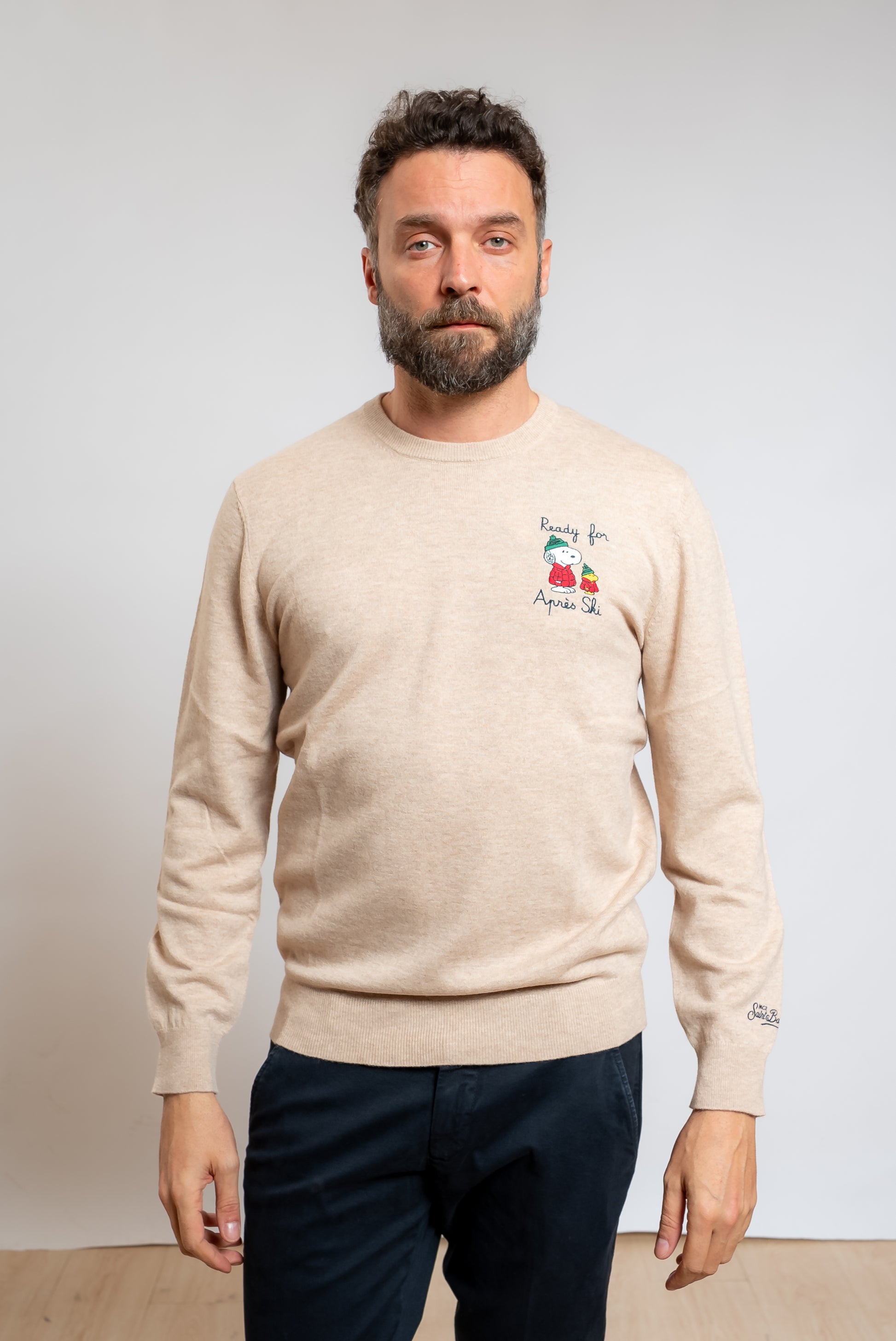 mc2 saint barth uomo maglione snoopy ready apres beige, vista frontale