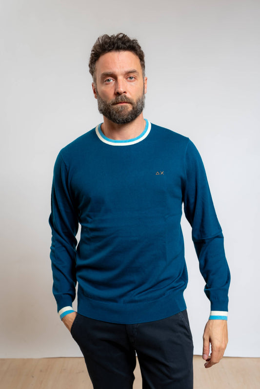 Sun68 uomo maglia stripes in lana e cotone blu petrolio con motivo a righe sul girocollo e polsini, vista frontale