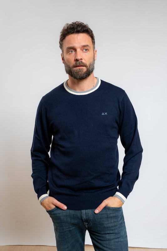 Sun68 uomo maglia stripes in lana e cotone blu navy con motivo a righe sul girocollo e polsini, vista frontale