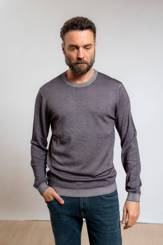 sun68 uomo maglia a girocollo in lana merino grigia con effetto vintage, vista frontale