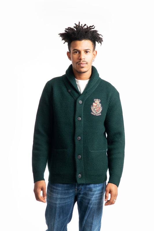 mc2 saint barth uomo cardigan verde scuro in lana modello college, fronte