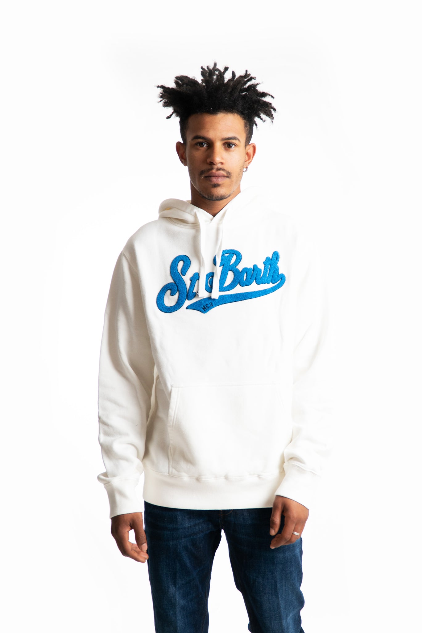 mc2 saint barth felpa uomo bianca con scritta azzurra sul davanti, fronte