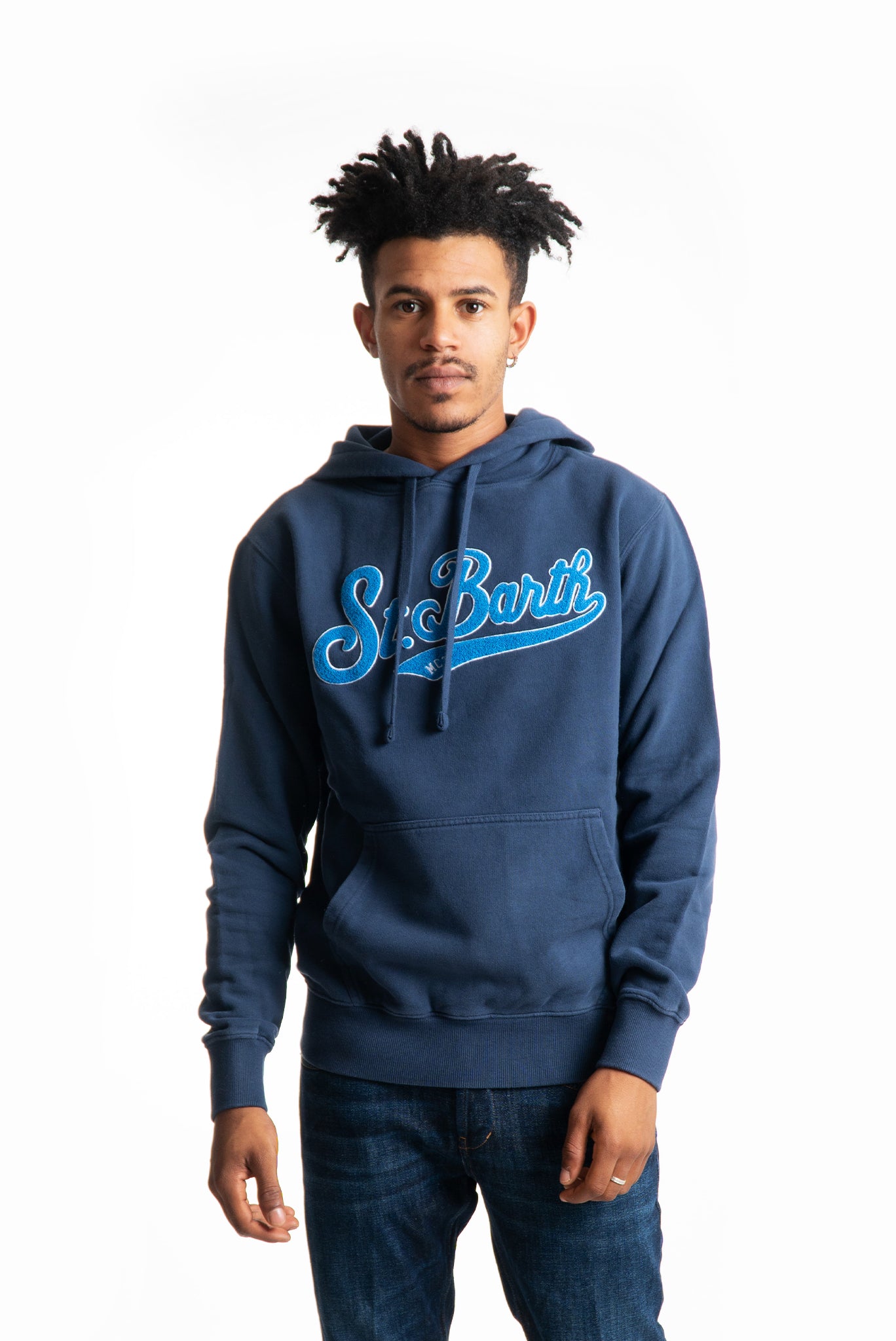 mc2 saint barth felpa blu da uomo con scritta st barth, fronte
