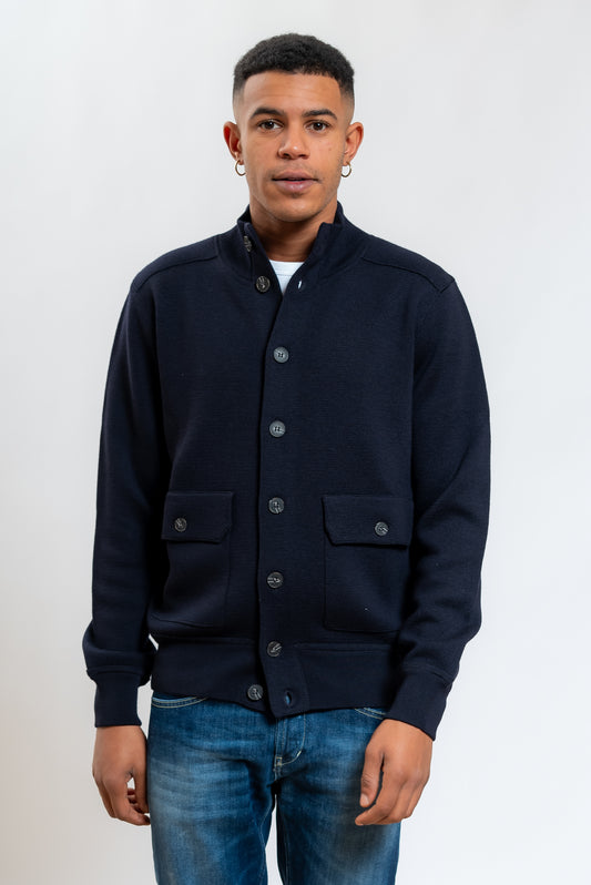 Cardigan Blu in Pura Lana a Collo Alto