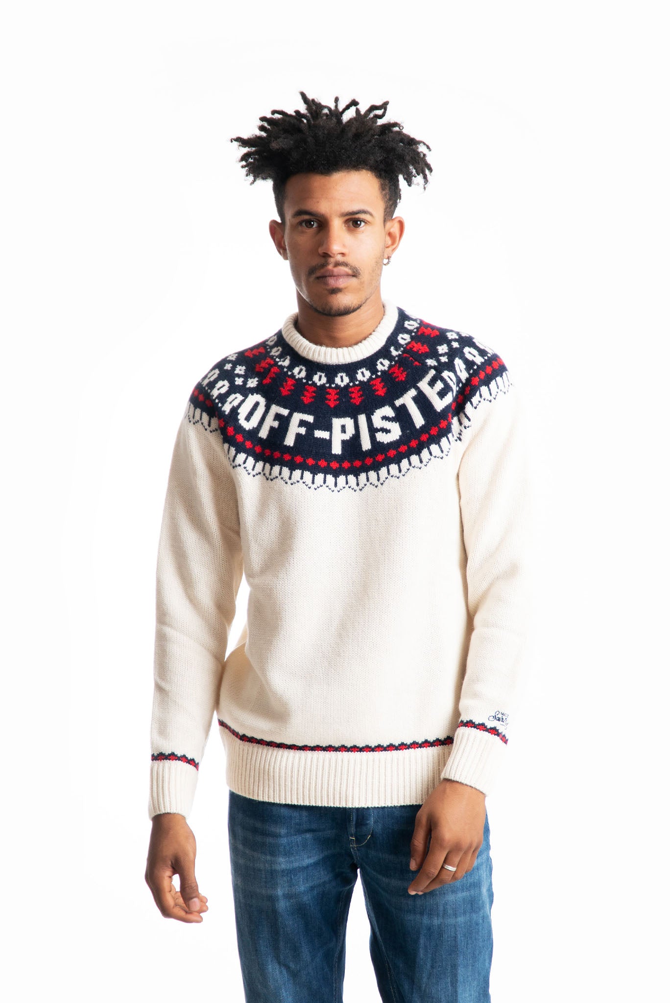 mc2 saint barth uomo maglione panna con dettaglio ricami e scritta off pista, fronte