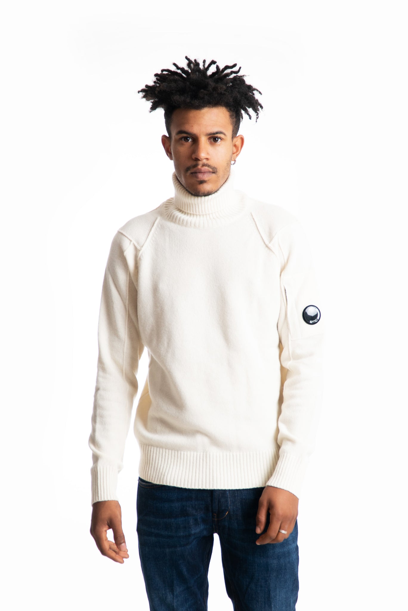 cp company maglione a collo alto panna in misto lana, fronte