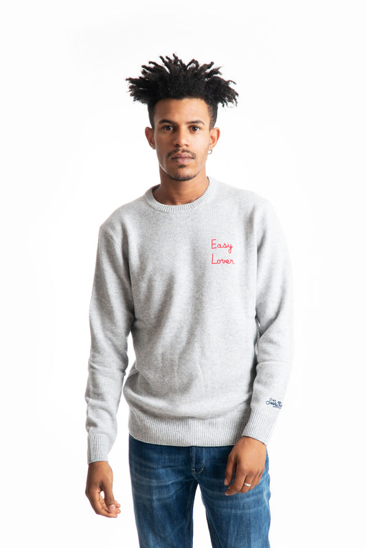 Mc2 saint barth uomo maglione grigio in misto lana con scritta "easy lover", fronte