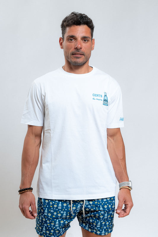 mc2 saint barth uomo t-shirt bianca con ricamo e stampa gin gente di mare, fronte