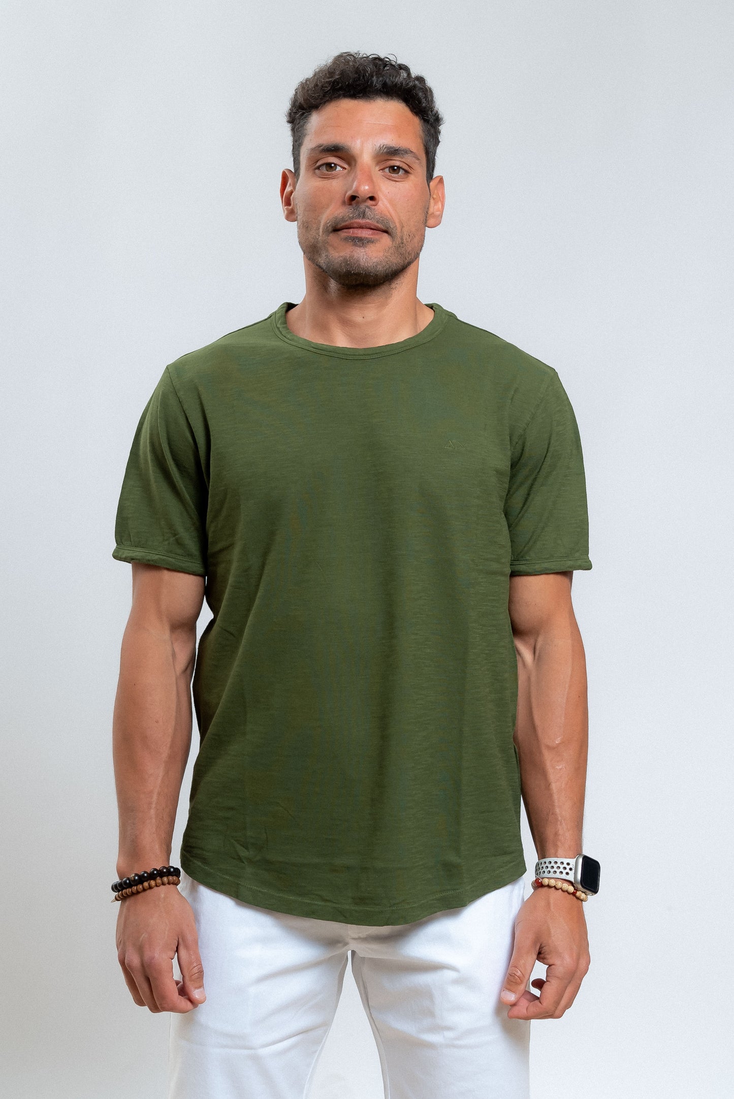 sun68 uomo t-shirt verde militare in cotone fiammato, fronte
