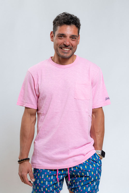 mc2 saint barth uomo t-shirt rosa in cotone fiammato con taschino, fronte