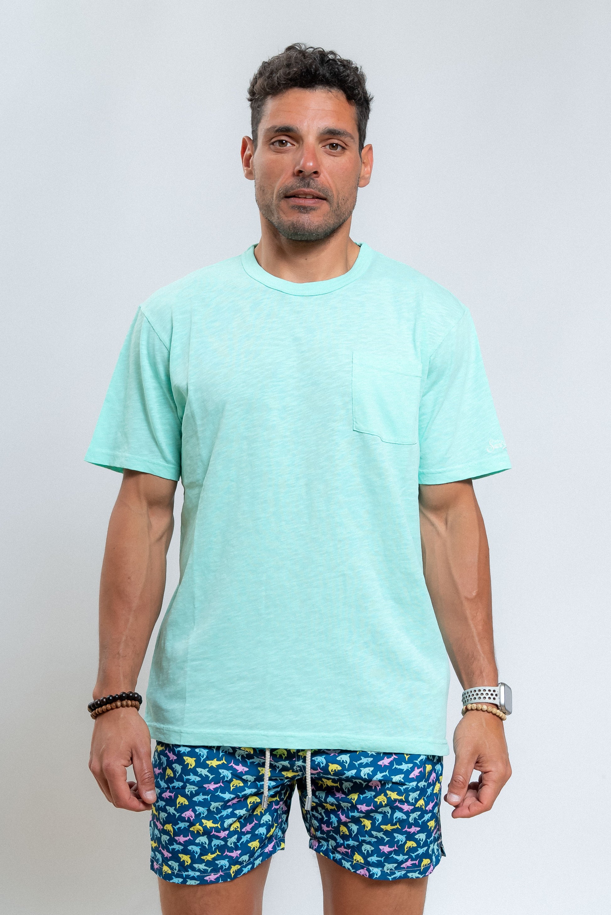 mc2 saint barth uomo t-shirt verde acqua in cotone fiammato con taschino, fronte