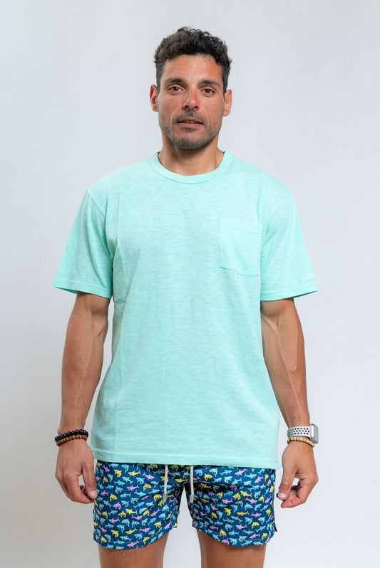 mc2 saint barth uomo t-shirt verde acqua in cotone fiammato con taschino, fronte