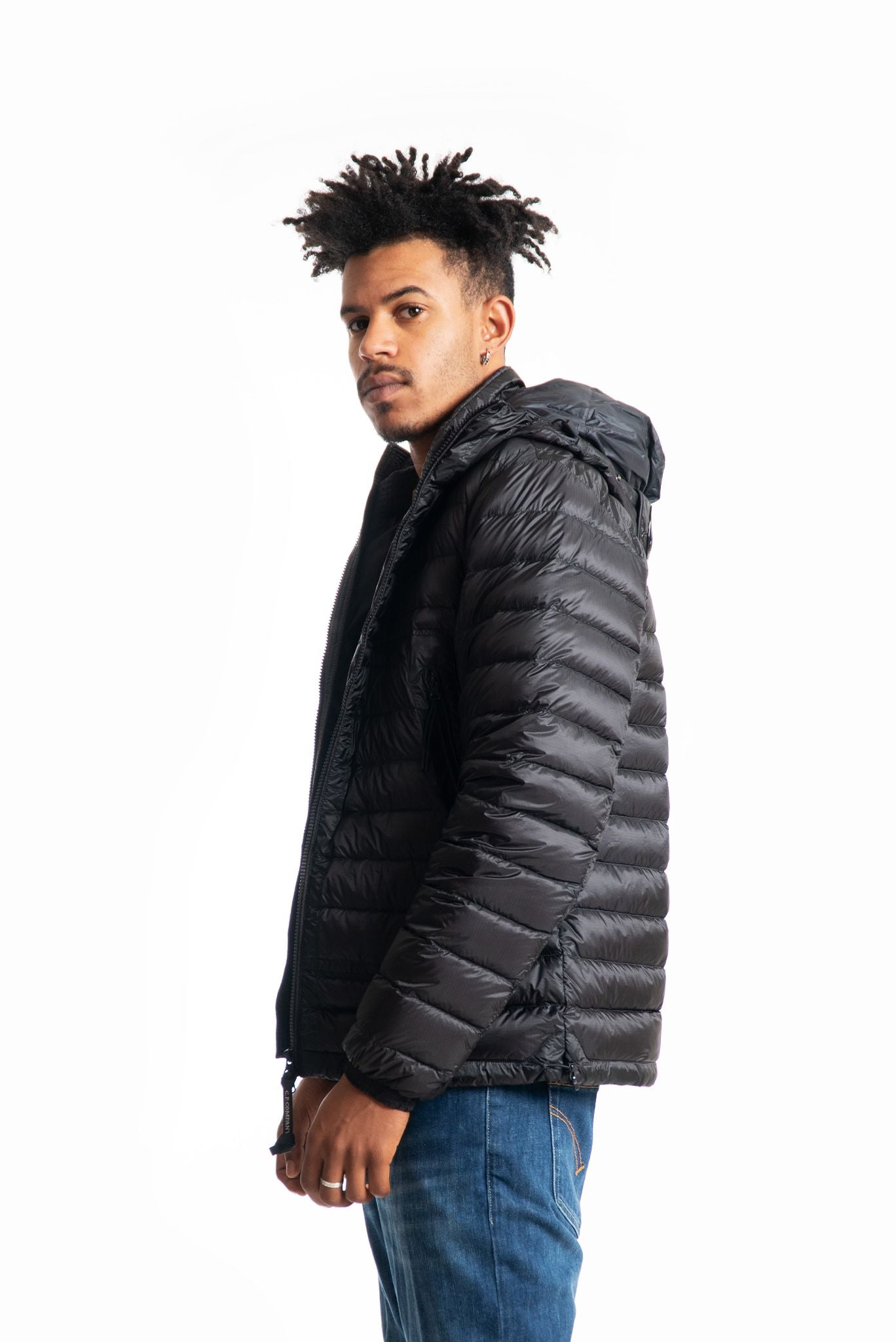 Cp Company piumino Google nero con cappuccio uomo, lato
