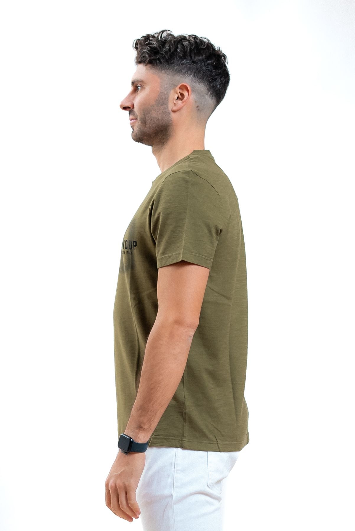 dondup uomo t-shirt verde militare con logo stampato sul petto, lato