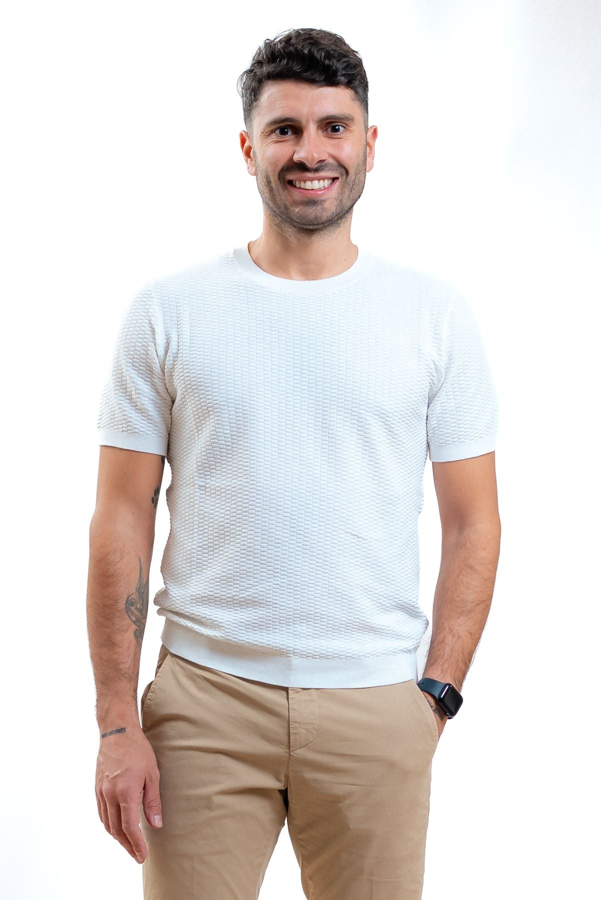Kangra cashmere uomo t-shirt in maglia lavorata bianca, fronte