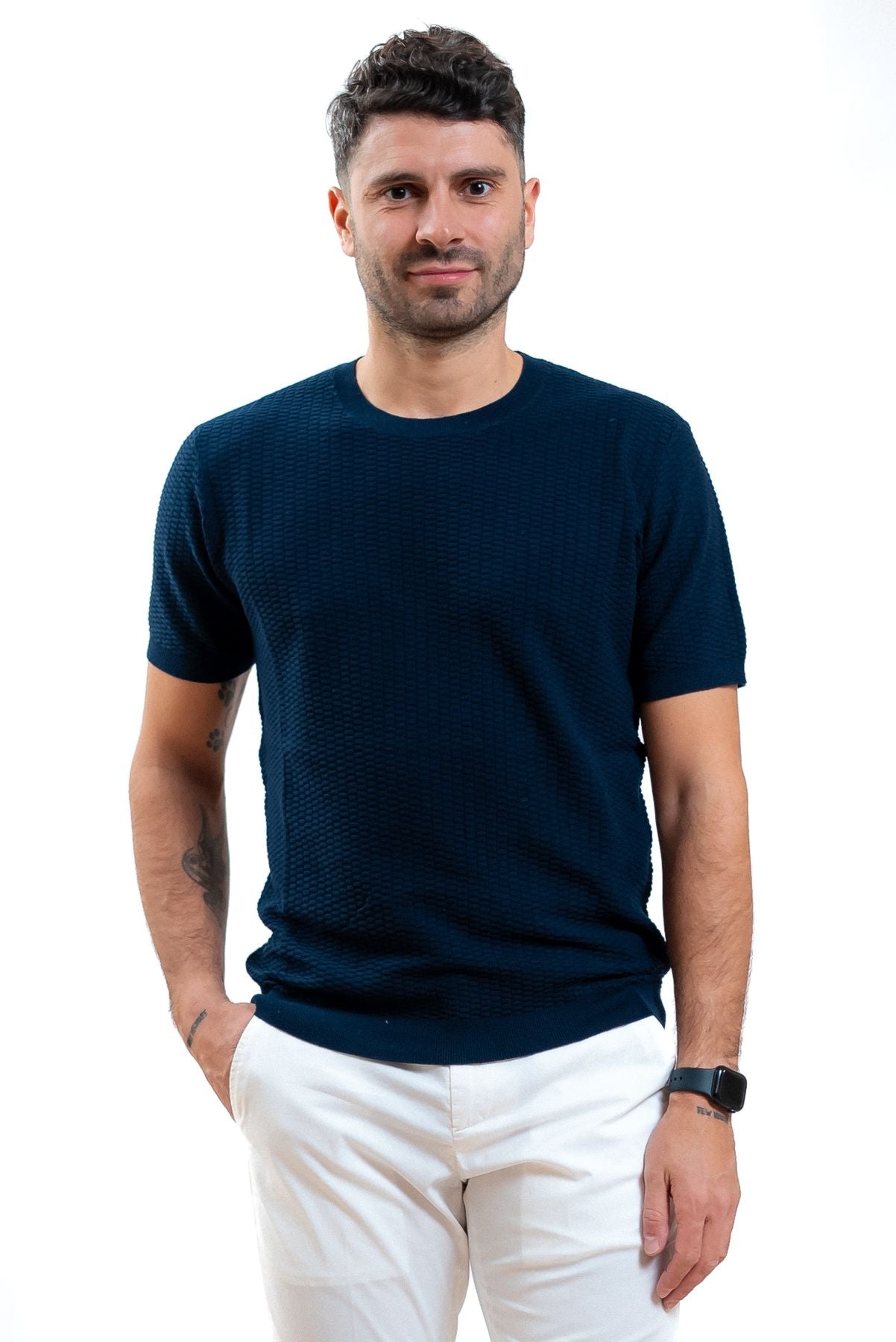 Kangra cashmere uomo t-shirt in maglia lavorata blu, fronte