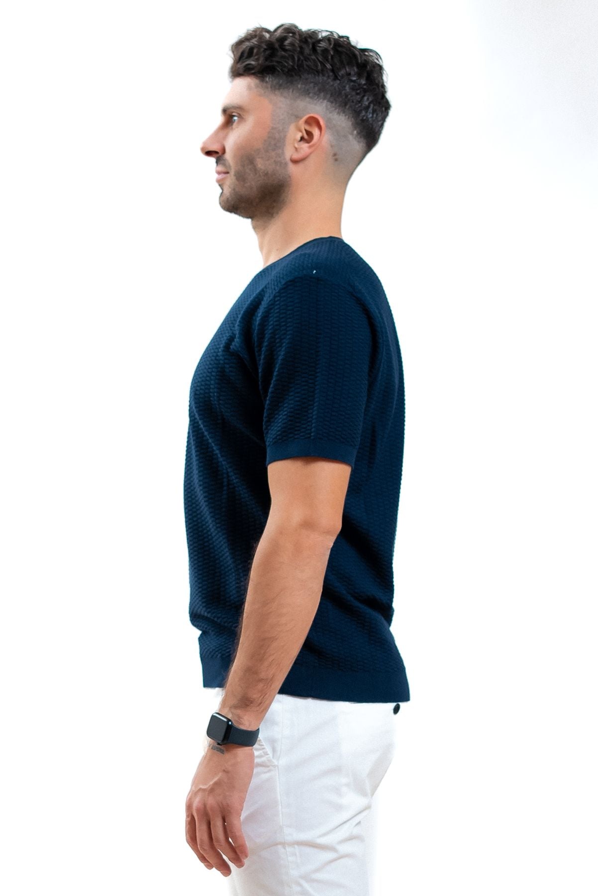 Kangra cashmere uomo t-shirt in maglia lavorata blu, lato