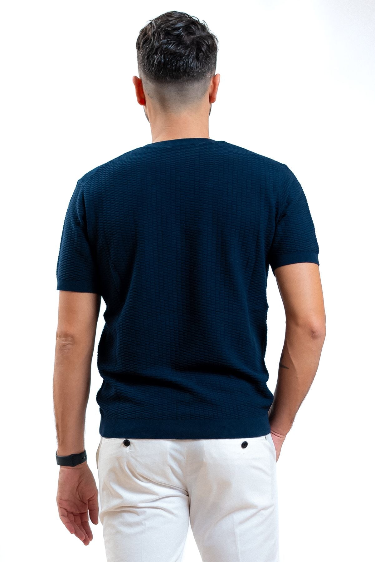 Kangra cashmere uomo t-shirt in maglia lavorata blu, retro