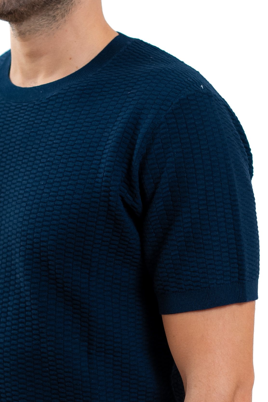 Kangra cashmere uomo t-shirt in maglia lavorata blu, dettaglio