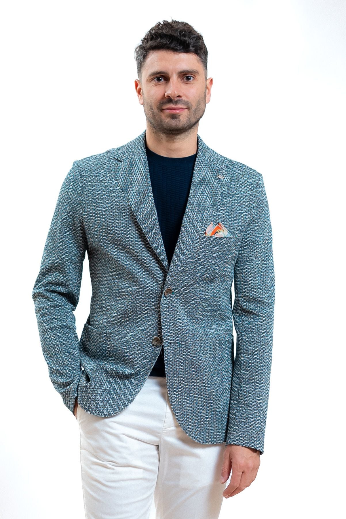 Bob company uomo giacca monopetto celeste a fantasia, fronte