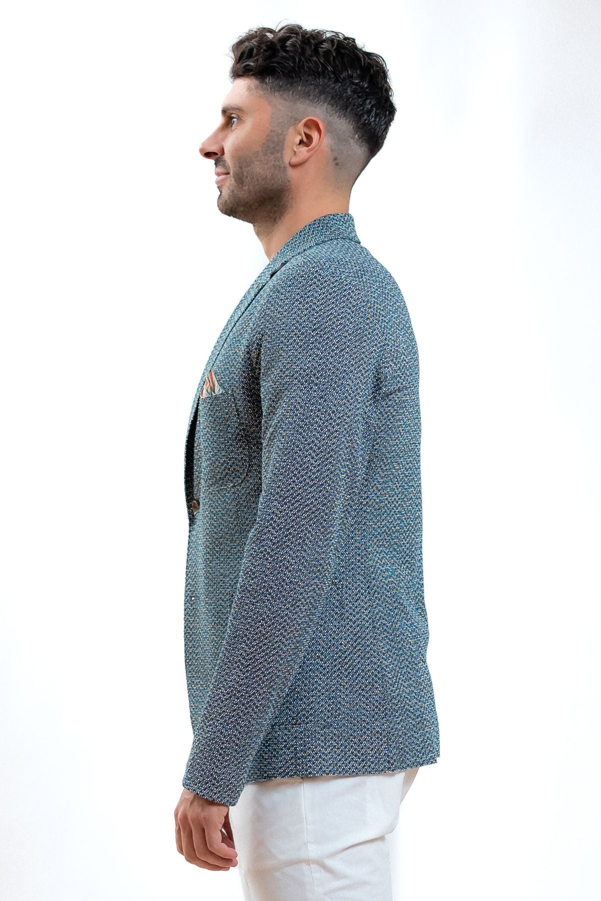 Bob company uomo giacca monopetto celeste a fantasia, lato